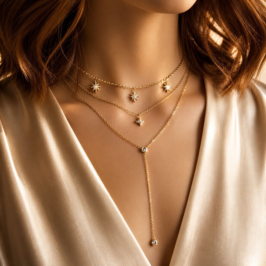Three layered star studs pendant necklace